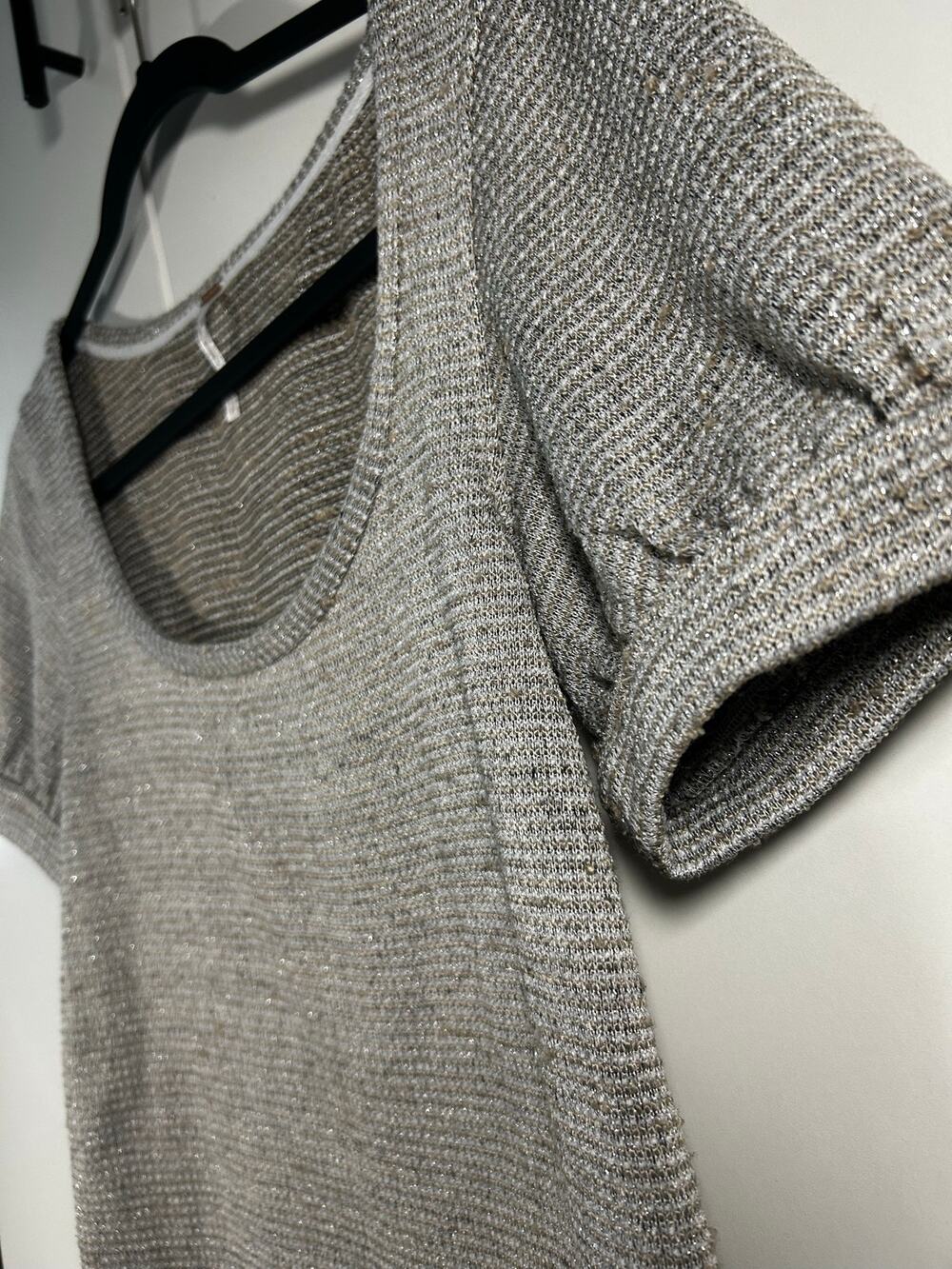 Free People Silver Metallic Knit Puff Sleeve Scoop Neck Sweater Top S